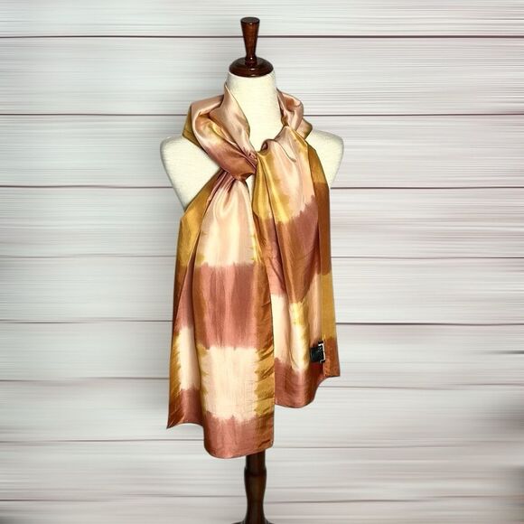Eileen Fisher Silk Oblong Scarf Rust Peach Tie Dye Shibori Hand Rolled Japan - Picture 3 of 9